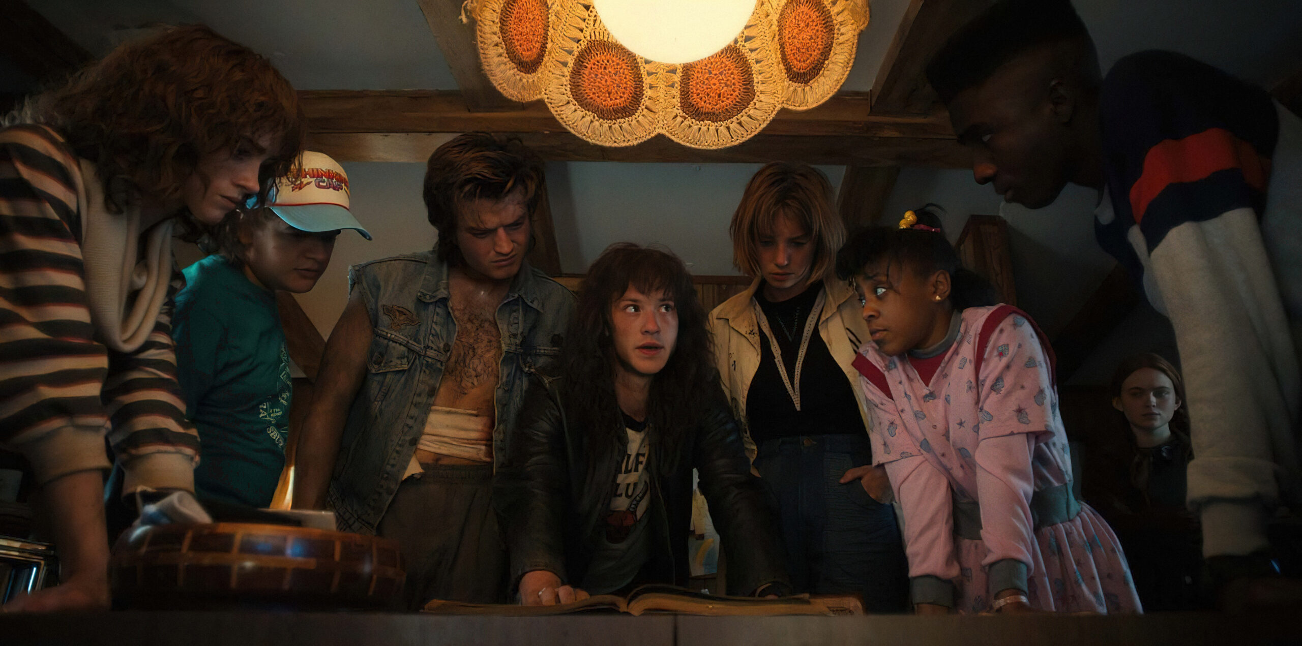 STRANGER THINGS. (L to R) Natalia Dyer as Nancy Wheeler, Gaten Matarazzo as Dustin Henderson, Joe Keery as Steve Harrington, Joseph Quinn as Eddie Munson, Maya Hawke as Robin Buckley, Priah Ferguson as Erica Sinclair, Sadie Sink as Max Mayfield, and Caleb McLaughlin as Lucas Sinclair in STRANGER THINGS. Cr. Courtesy of Netflix © 2022