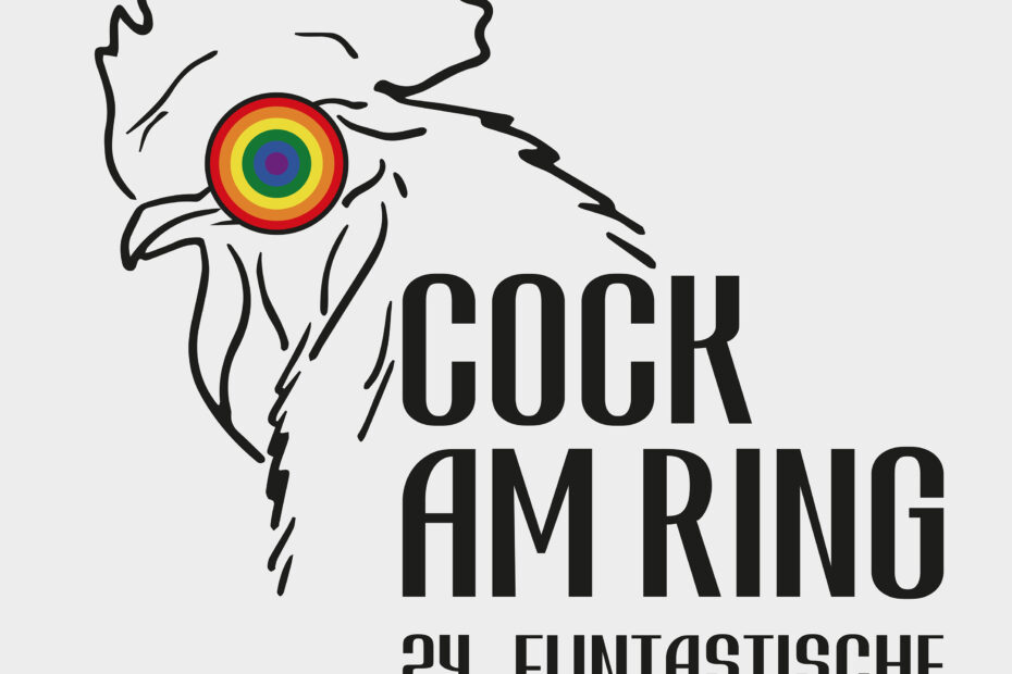 Logo des Samplers: Hahn mit regenbogenfarbenen Augen und Titel "Cock am Ring - 24 flintastische Coverversionen"